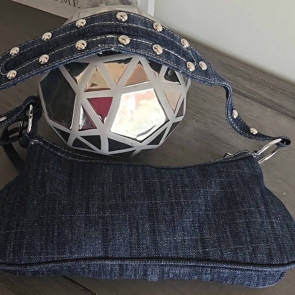 True Religion Rhinestone Studded Horseshoe Denim Shoulder Bag - Picture 10 of 10